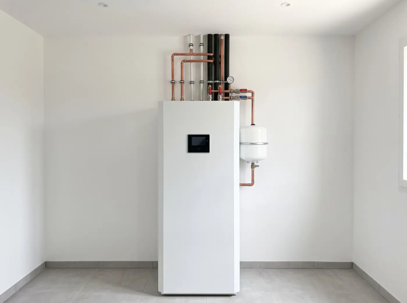 Module intérieur d'une pompe à chaleur air-eau et ses raccordements en cuivre