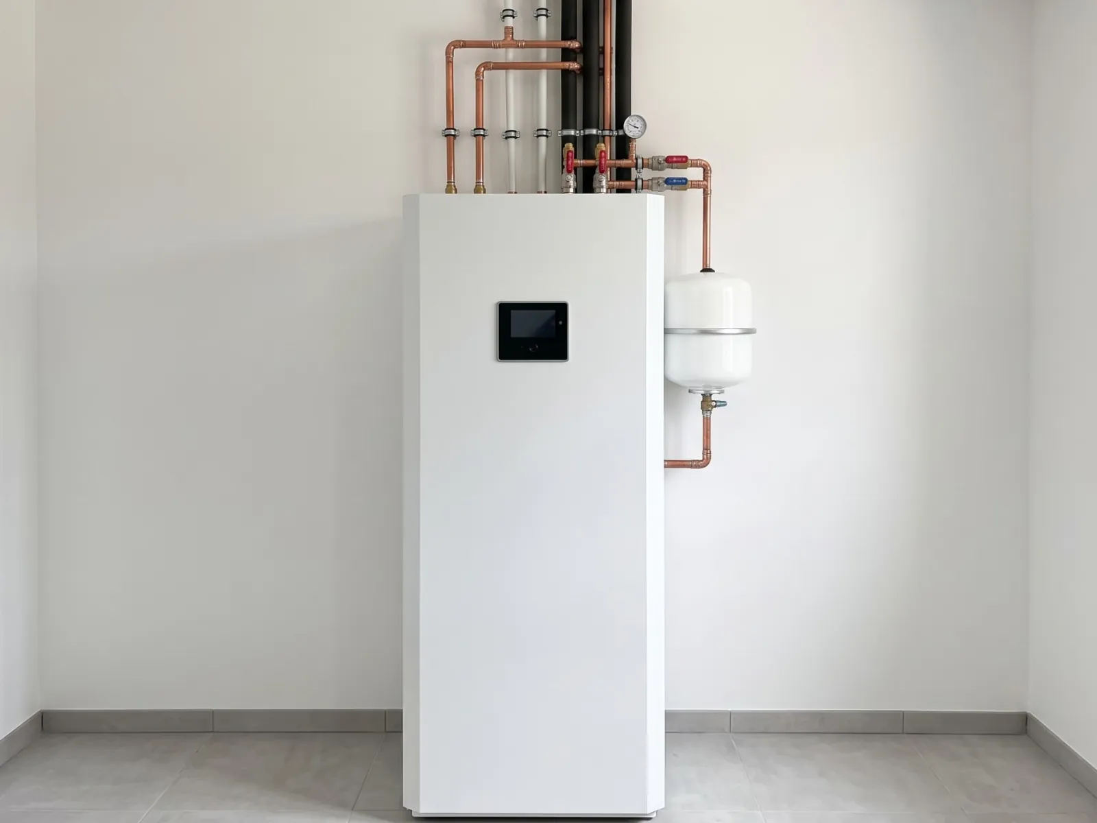 Module intérieur d'une pompe à chaleur air-eau et ses raccordements en cuivre, vannes et vase d'expansion